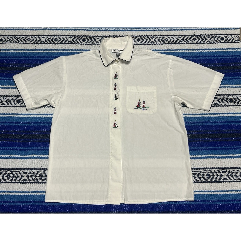 Vintage P'Galli Women's M Nautical Embroidered Button-Up Shirt Sailboat 80s 90s